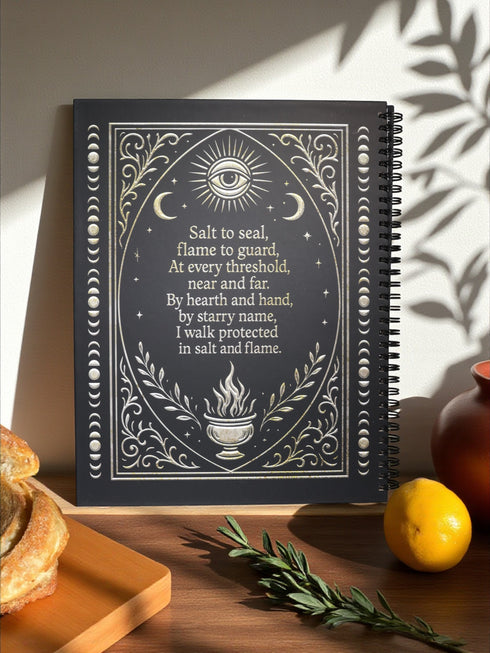 A black spiral-bound hardcover grimoire titled "Spells of Salt & Flame." The cover features an intricate, metallic-effect printed design in silver and gold with an All-Seeing Eye in an archway, flanked by a spoon and an athame. Botanical elements like garlic and herbs grow from a central chalice. The side borders are lined with celestial moon phase symbols. The journal is open, showing blank recipe template pages with fields for ingredients and instructions. The book measures 8.5 x 11 inches.